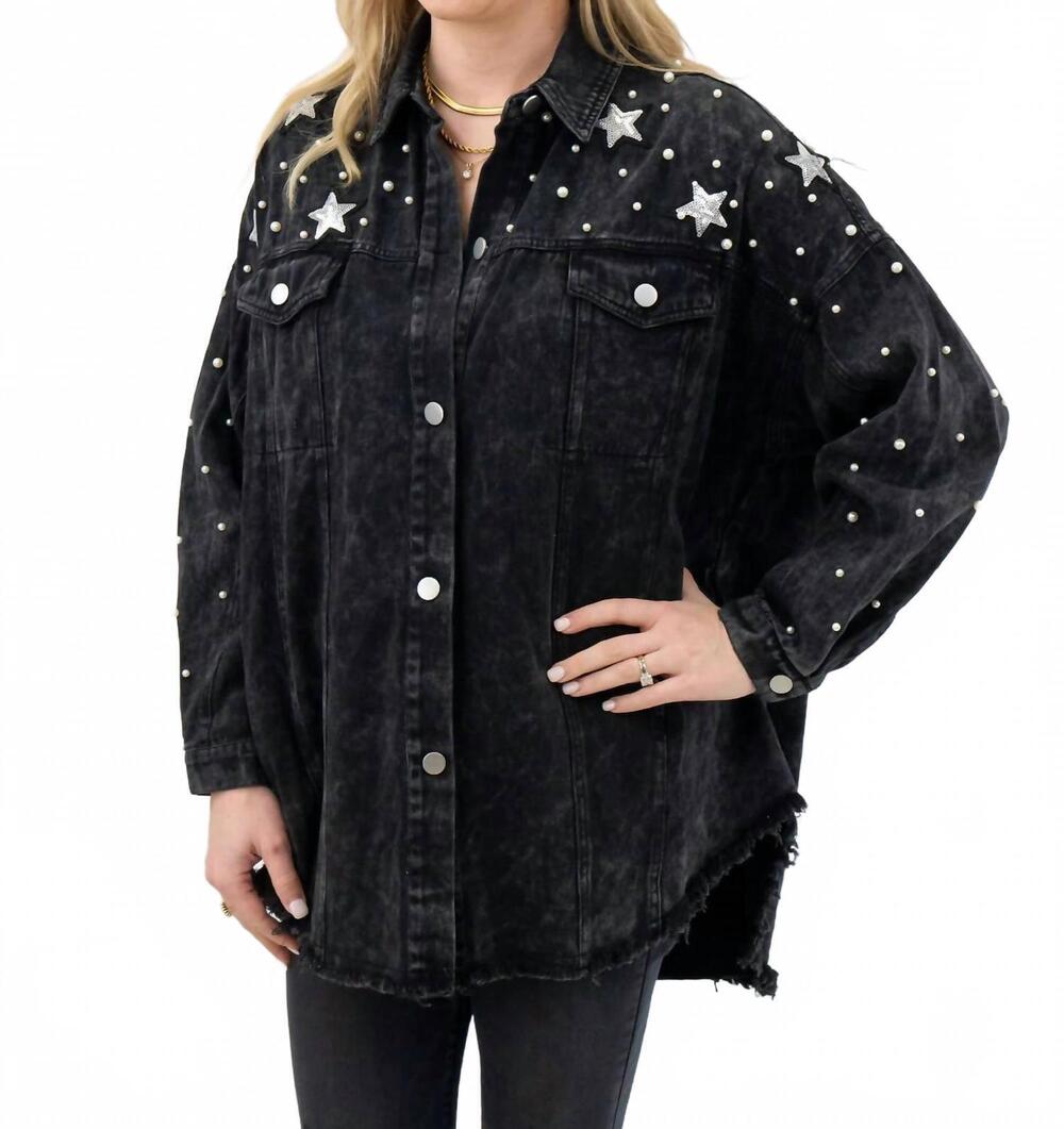 NEW FANTASTIC FAWN denim jacket with pearl and star details in black